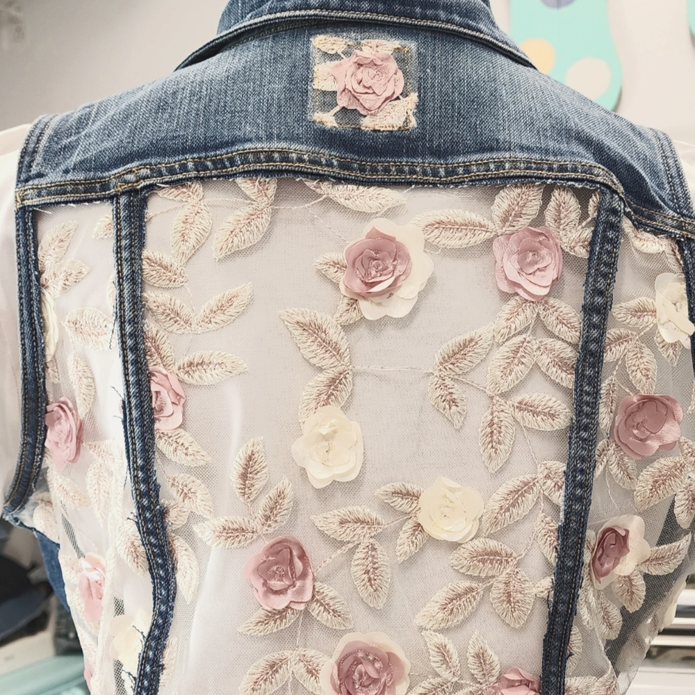 Floral Lace Denim Vest with Skirt